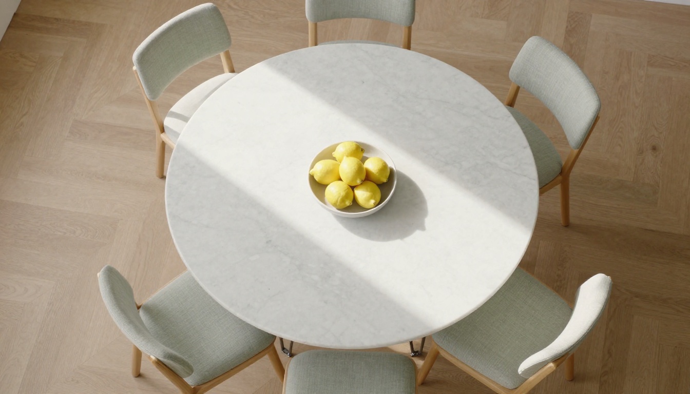 Aerial overhead view of a minimalist Scandinavian dining set with a Carrara marble table and ash wood chairs Aerial overhead view of a minimalist Scandinavian dining set with a Carrara marble table and ash wood chairs
