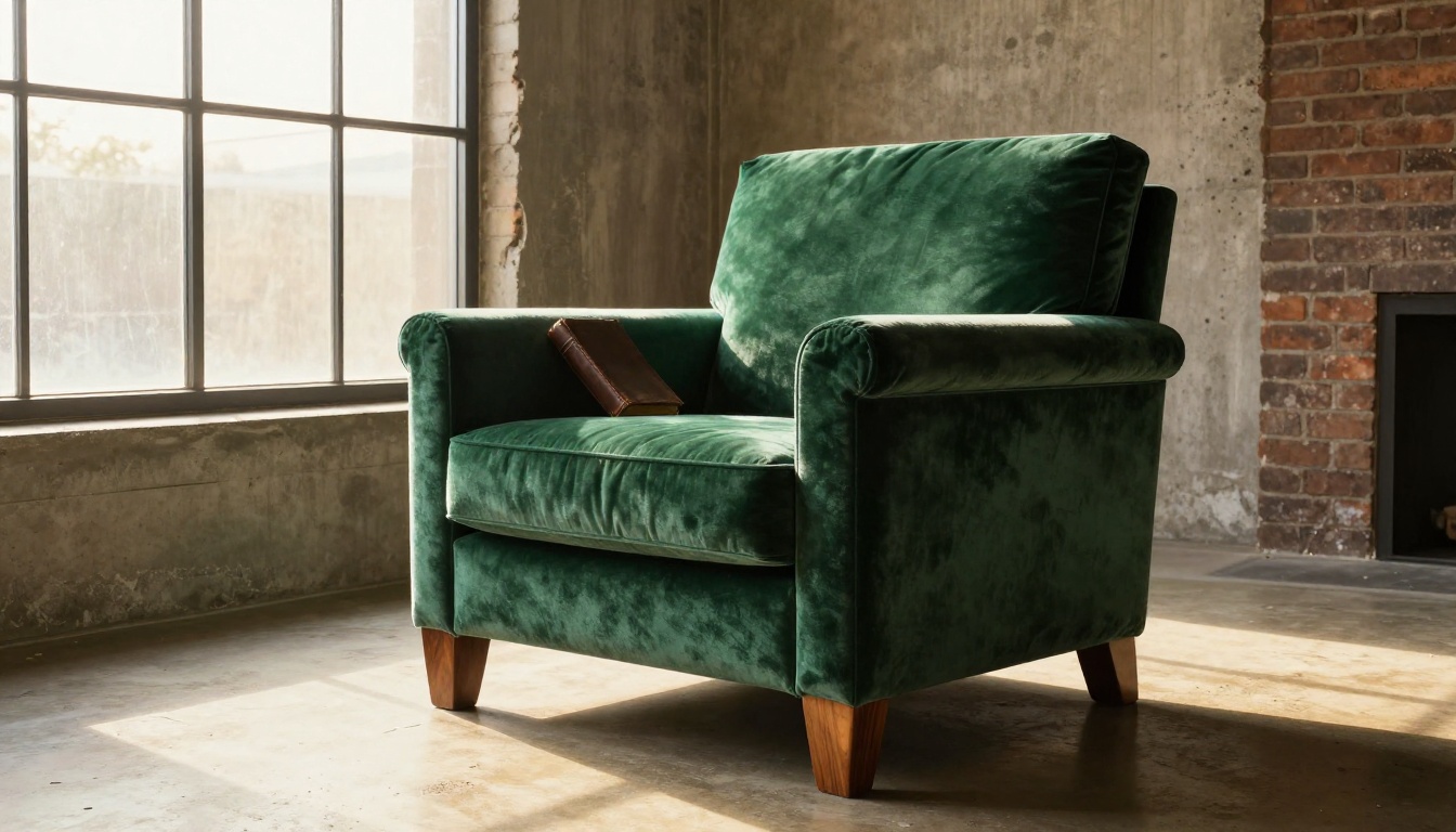 Low-angle ground-level photography of an emerald green velvet armchair in a sun-drenched industrial loft Low-angle ground-level photography of an emerald green velvet armchair in a sun-drenched industrial loft
