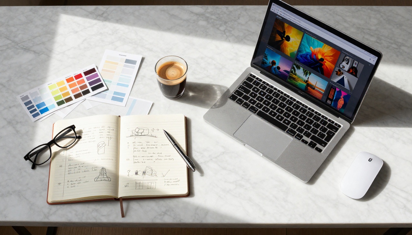 Creative AI prompt workflow flat-lay workspace overview