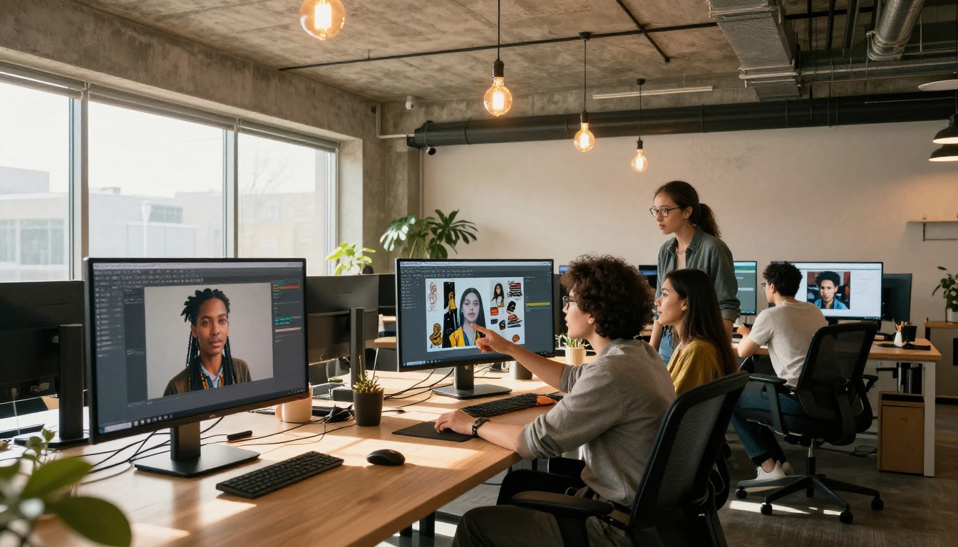 Creative team collaborating on AI-generated imagery in office