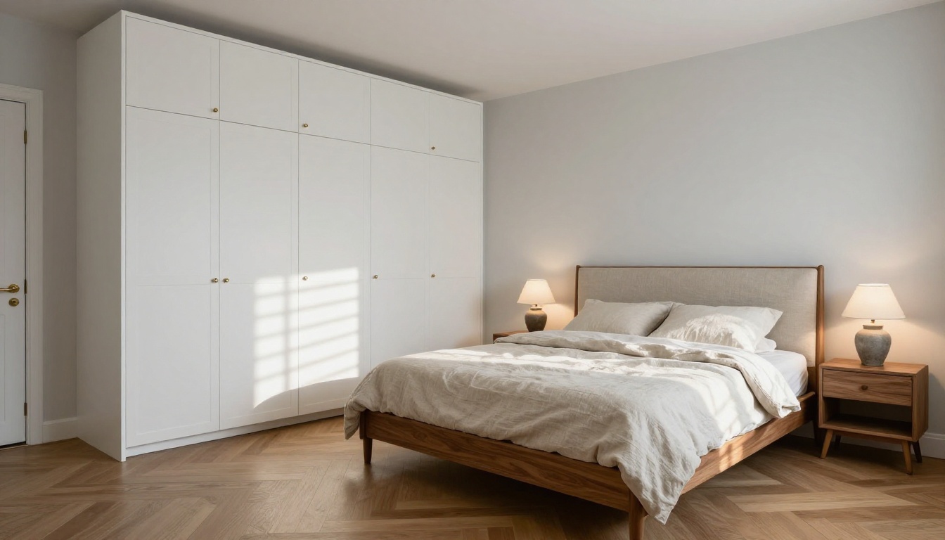 Photorealistic contemporary master bedroom with custom white lacquer wardrobe and walnut bed frame in diffused morning light Photorealistic contemporary master bedroom with custom white lacquer wardrobe and walnut bed frame in diffused morning light