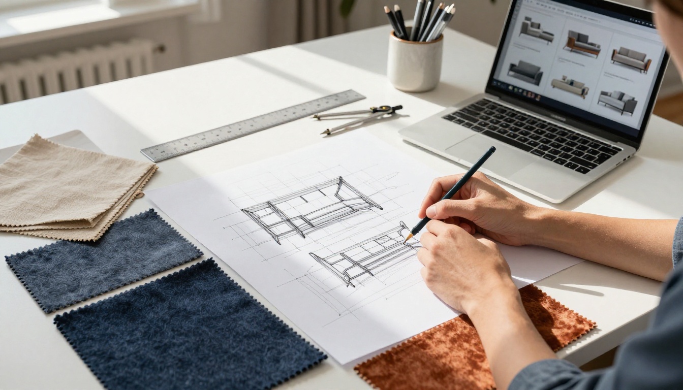 Interior designer sketching furniture concepts at a drafting desk with material swatches and reference images Interior designer sketching furniture concepts at a drafting desk with material swatches and reference images