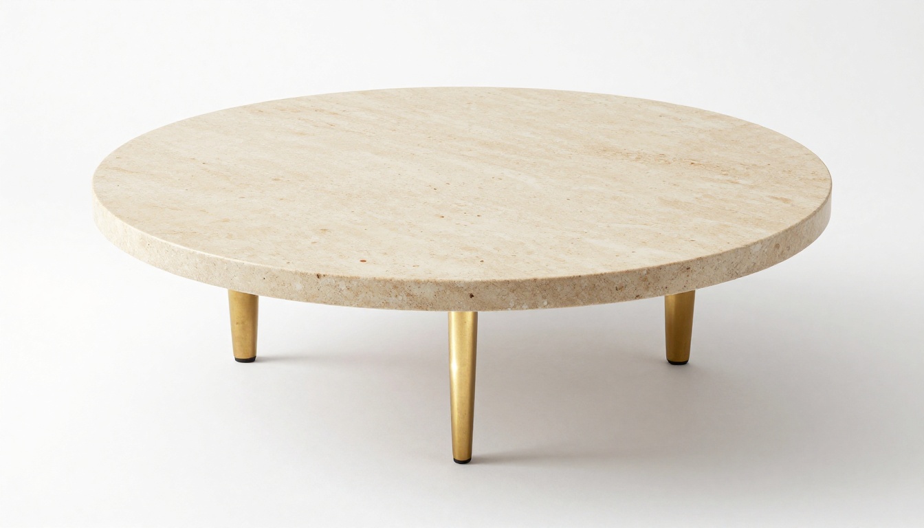 Professional product photography of a travertine coffee table with brass legs on a pure white background Professional product photography of a travertine coffee table with brass legs on a pure white background