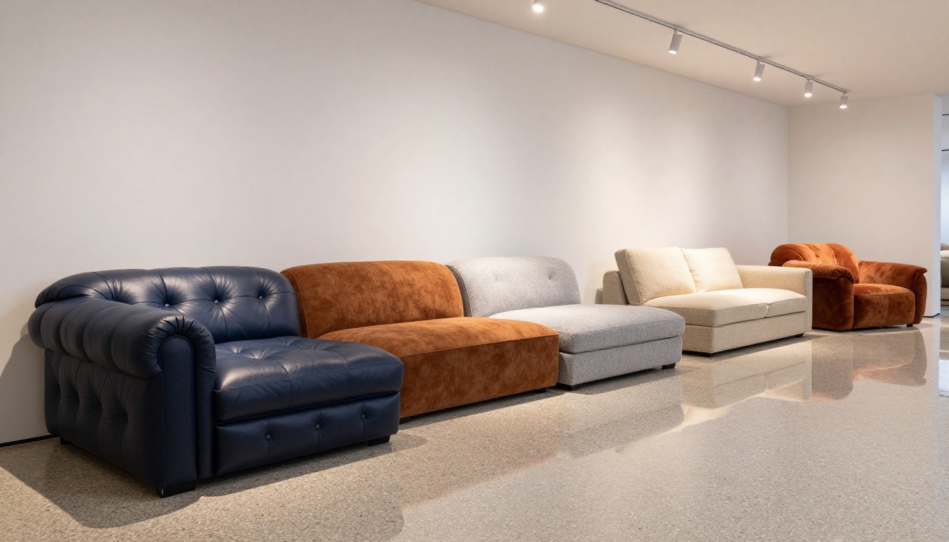 Contemporary furniture showroom with five different sofa styles in distinct upholsteries displayed under track lighting Contemporary furniture showroom with five different sofa styles in distinct upholsteries displayed under track lighting