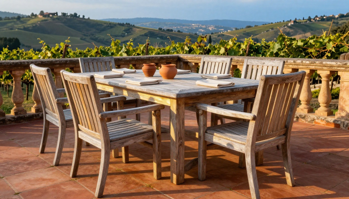 Golden hour outdoor terrace with weathered teak dining furniture and terracotta tiles overlooking a vineyard landscape Golden hour outdoor terrace with weathered teak dining furniture and terracotta tiles overlooking a vineyard landscape