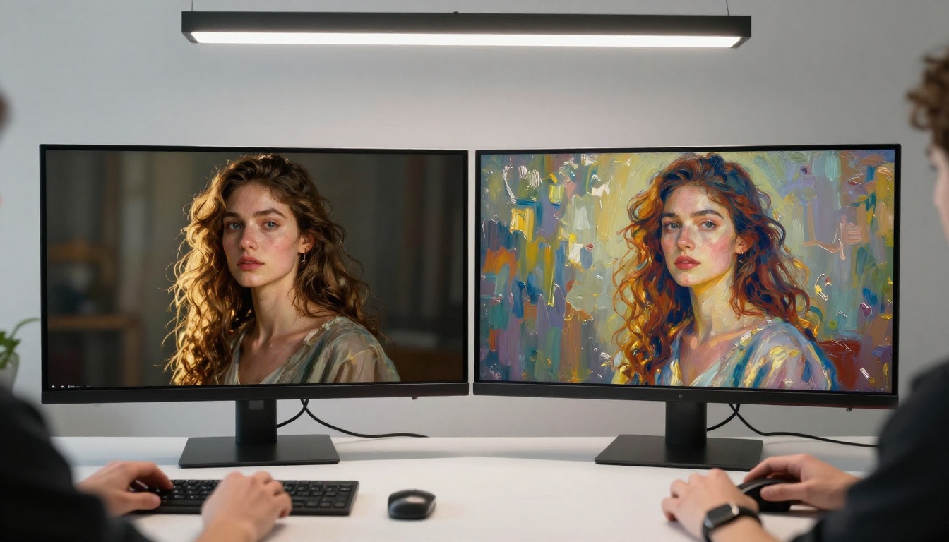 Two monitors displaying side-by-side AI image comparisons from the same prompt
