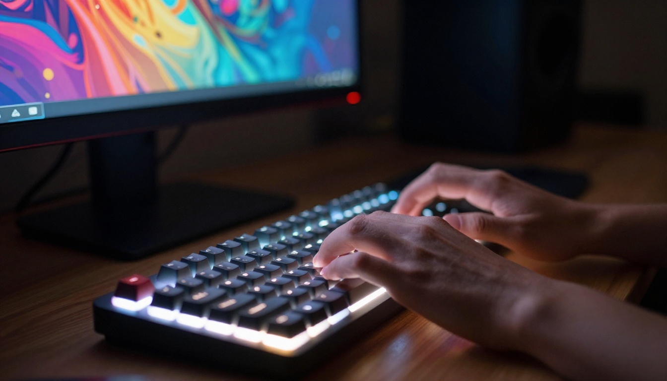 Hands typing on keyboard with glowing monitor