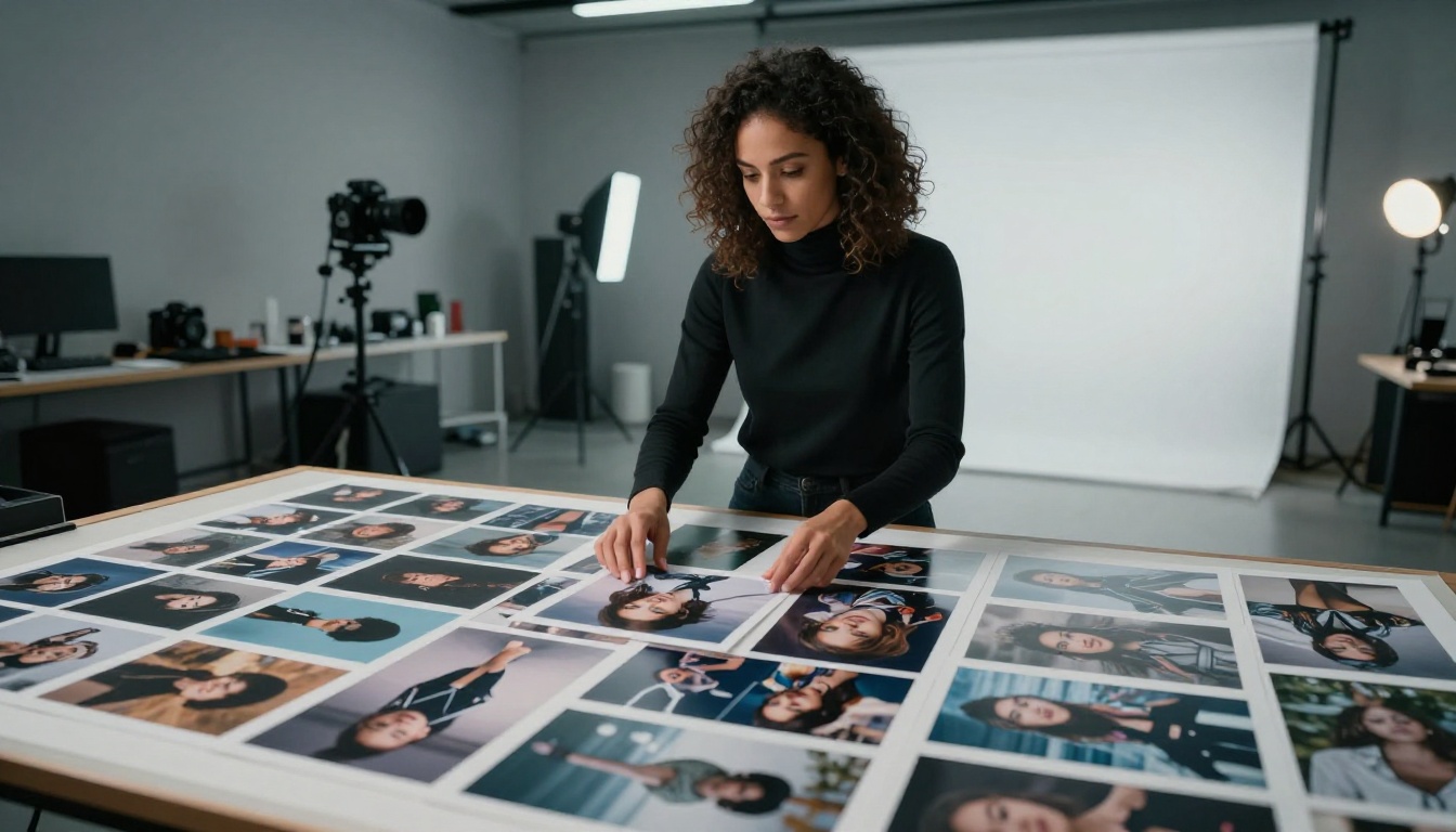 Professional photographer reviewing printed AI-generated images on a lightbox table