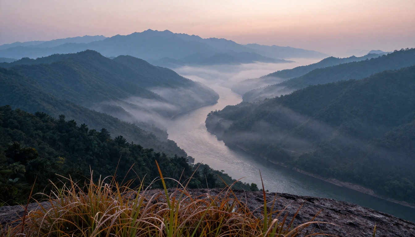 Misty mountains dawn landscape