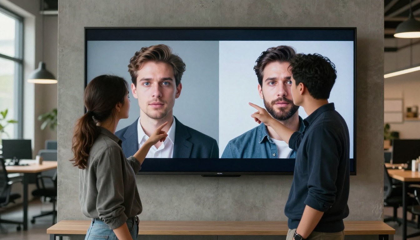 Creative professionals comparing AI-generated outputs on a large display Creative professionals comparing AI-generated outputs on a large display