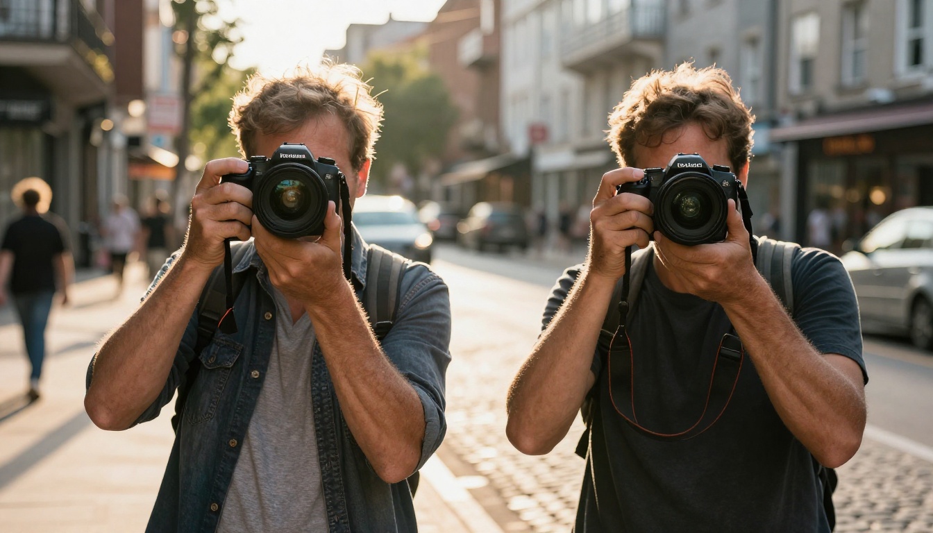 Two photographers comparing images on street