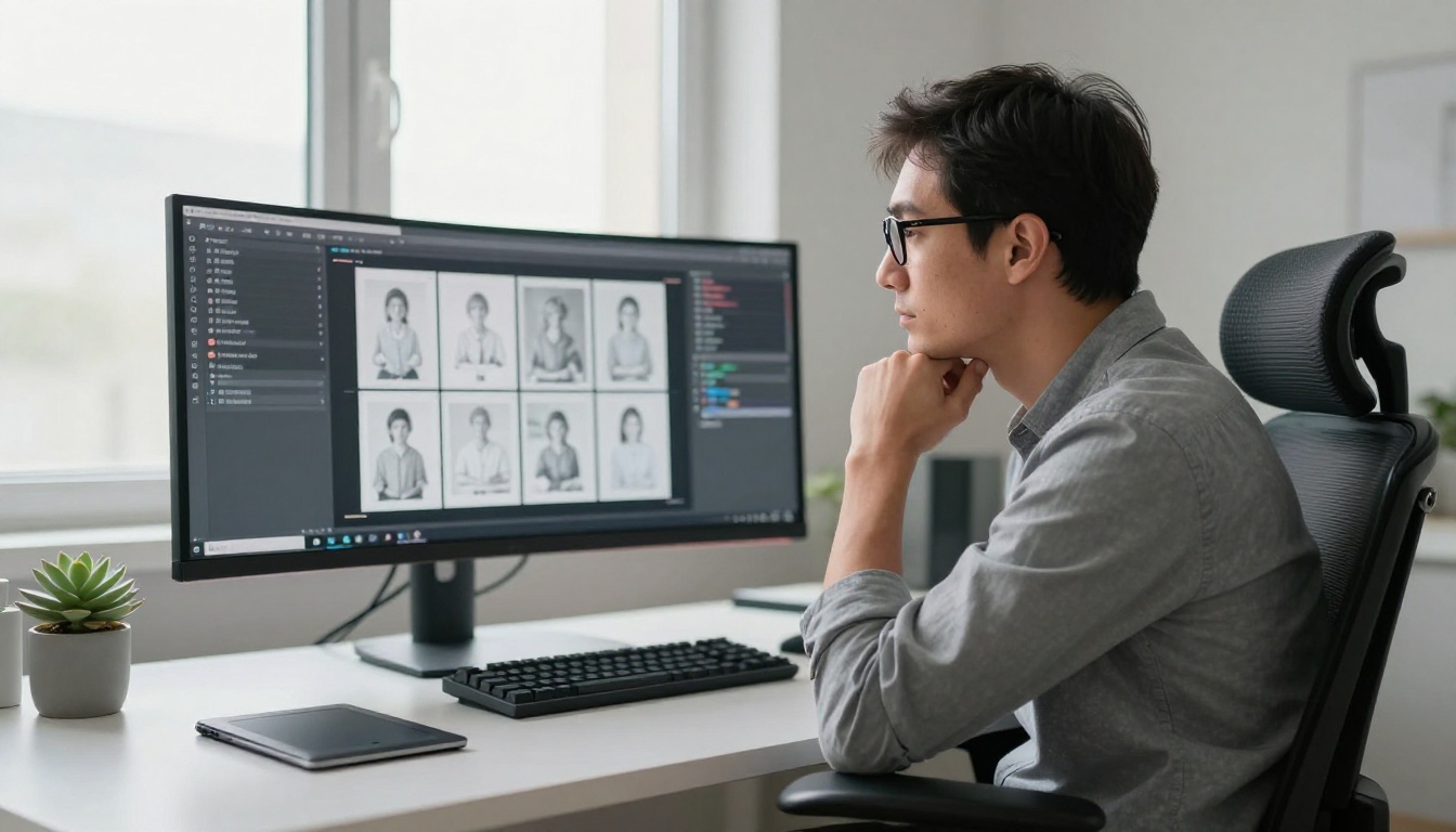 Designer evaluating AI image model outputs on a large curved monitor Designer evaluating AI image model outputs on a large curved monitor