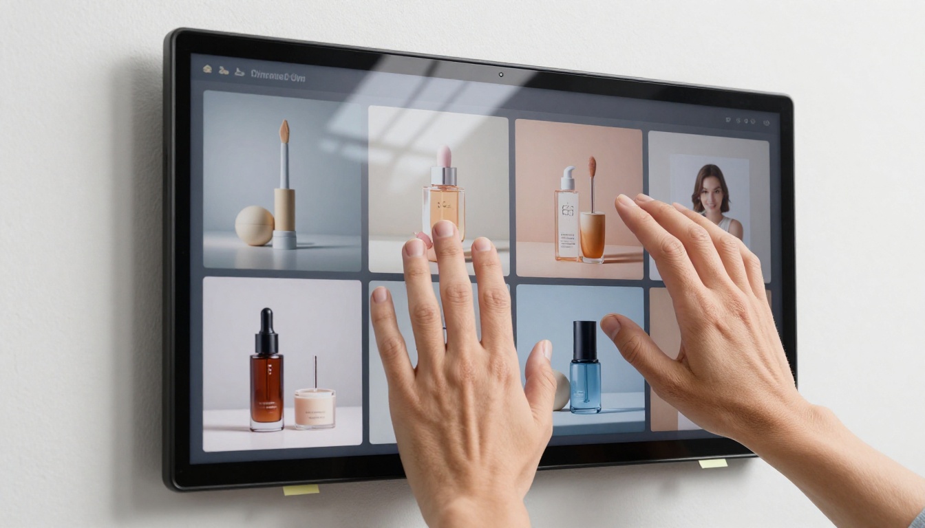 AI-generated product advertisement on a large touchscreen display