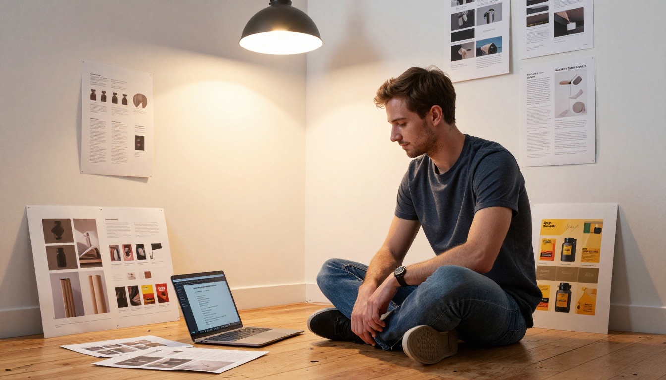 Graphic designer surrounded by printed billboard mockups and AI campaign materials