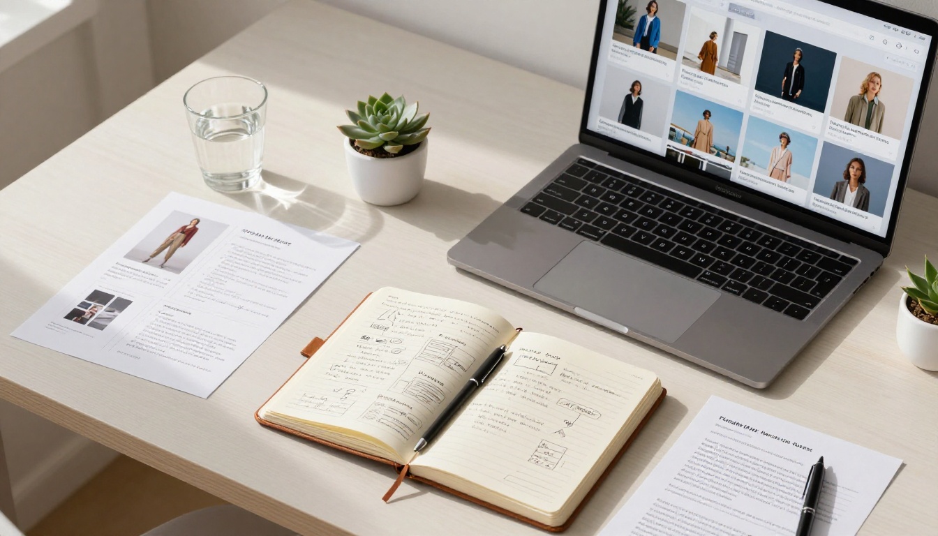 Flat lay of a marketer's workspace with printed AI-generated ad mockups