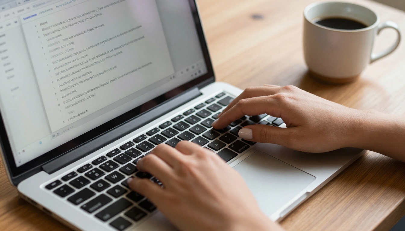 Close-up of hands typing a detailed creative prompt into an AI image generator