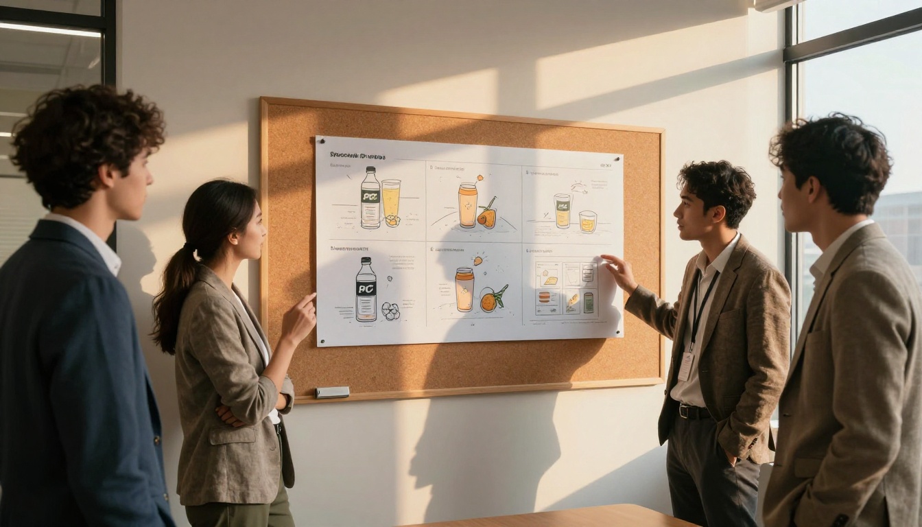 Diverse professionals reviewing a printed AI-generated ad campaign storyboard
