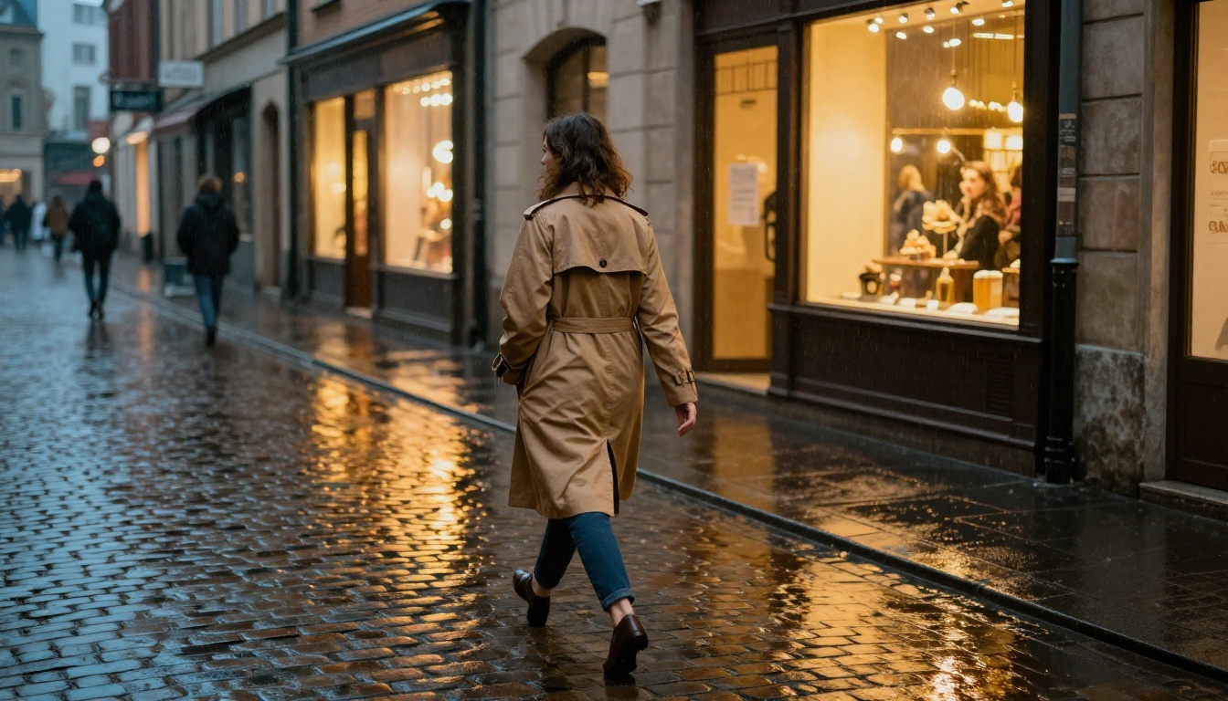 Woman walking through rain-slicked European cobblestone alley at dusk with warm reflections Woman walking through rain-slicked European cobblestone alley at dusk with warm reflections