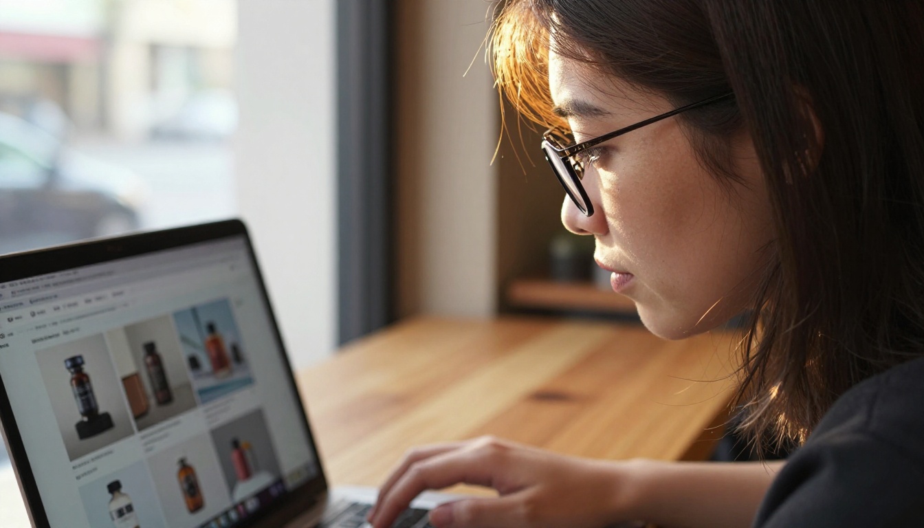 Woman at a cafe reviewing AI-generated ad results on her laptop