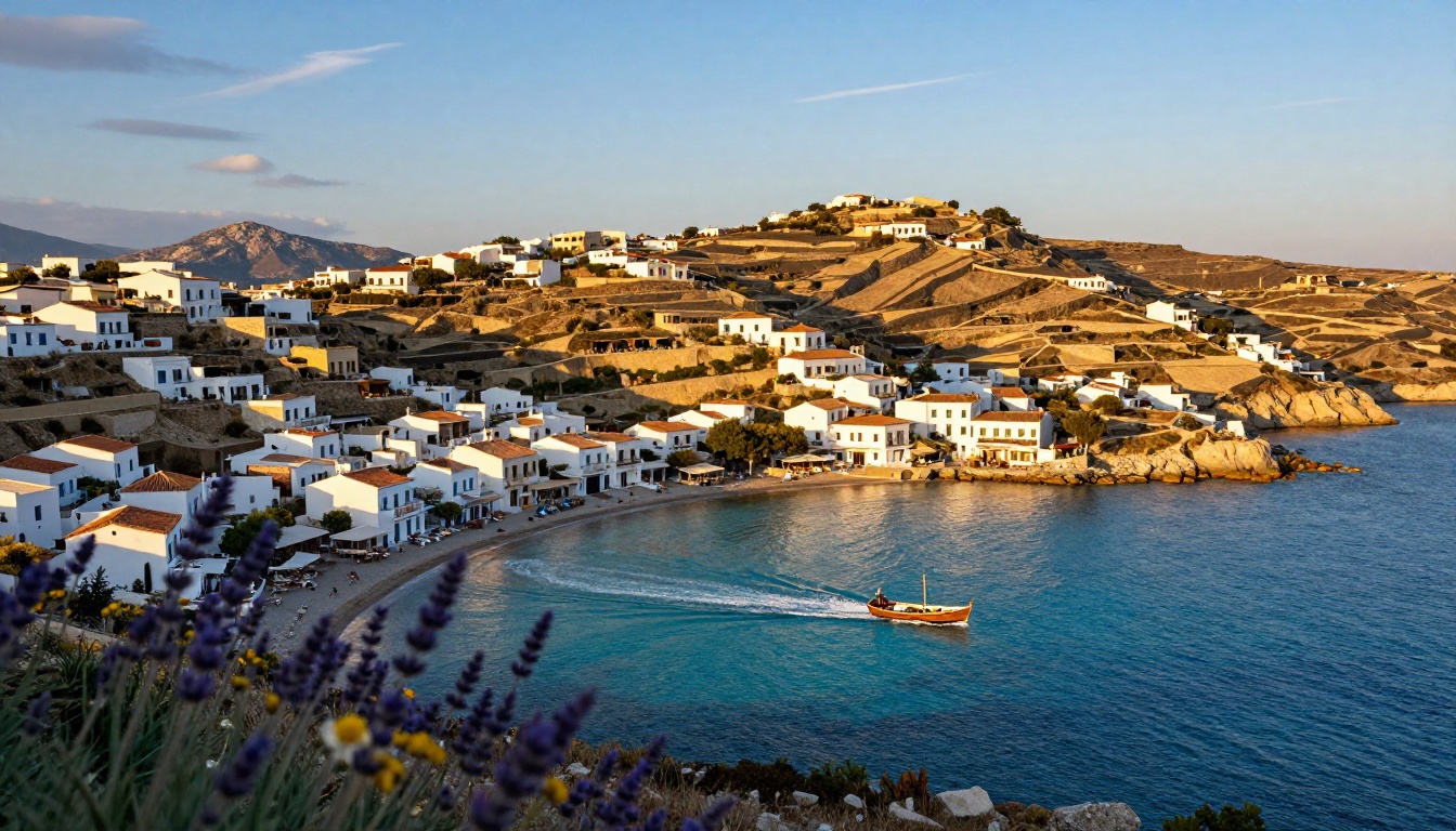 Aerial Mediterranean coastal village with white stucco buildings, terracotta roofs, and turquoise cove Aerial Mediterranean coastal village with white stucco buildings, terracotta roofs, and turquoise cove