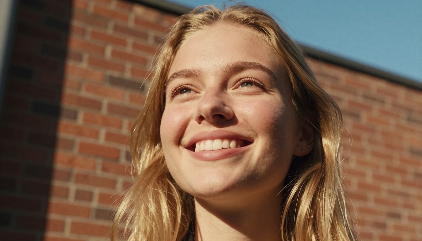 Low-angle candid portrait of a smiling woman with golden afternoon light, natural dimples, and peachy skin tones