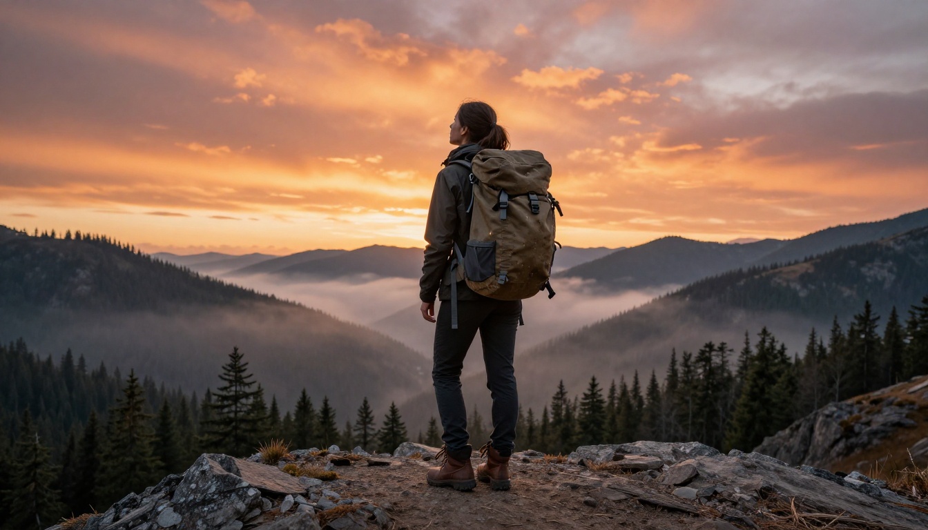 Female hiker on mountain ridge at golden hour with volumetric atmospheric light Female hiker on mountain ridge at golden hour with volumetric atmospheric light