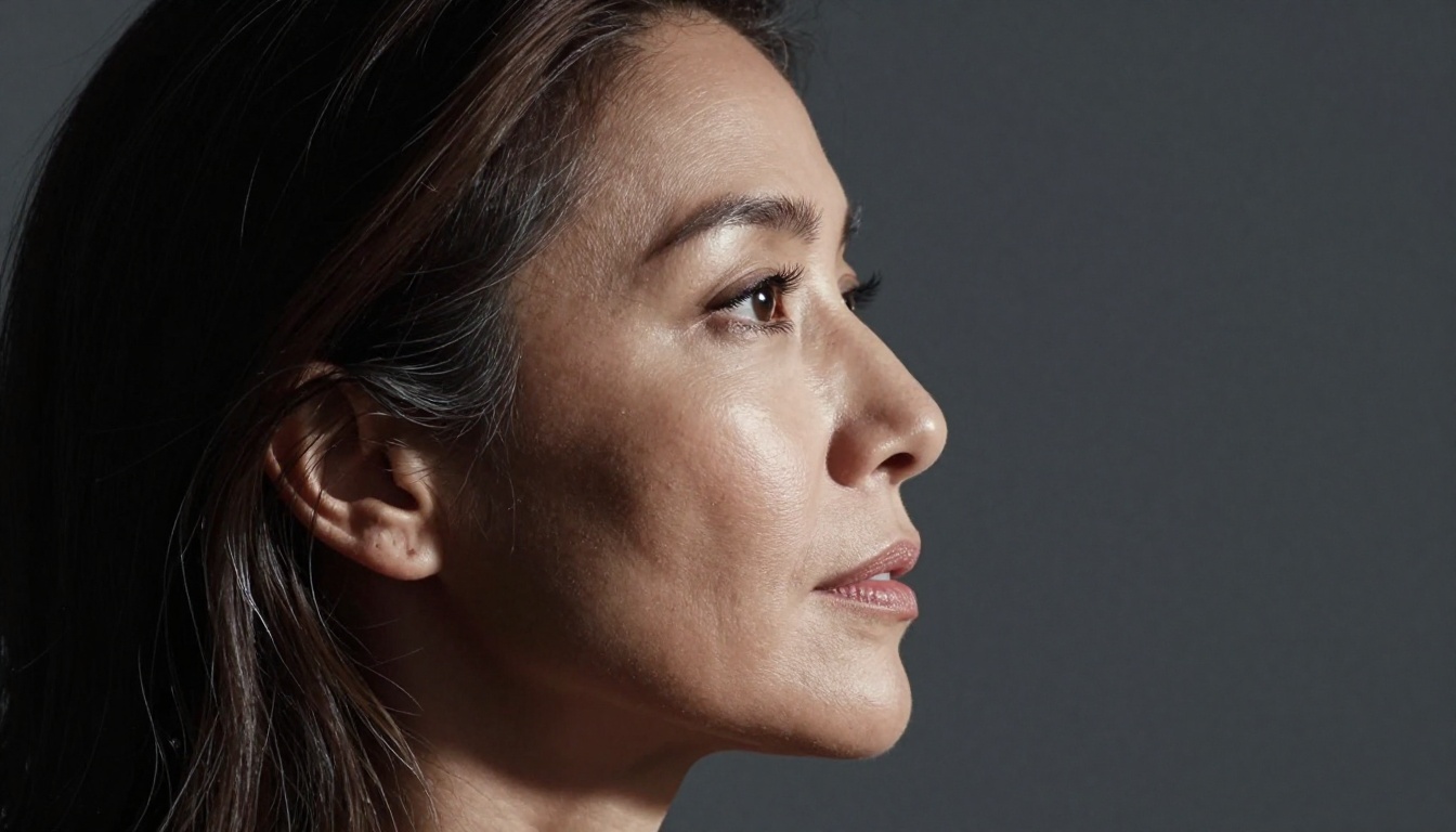 Side profile portrait of a woman in her 40s with dramatic Rembrandt lighting and natural silver-streaked brunette hair