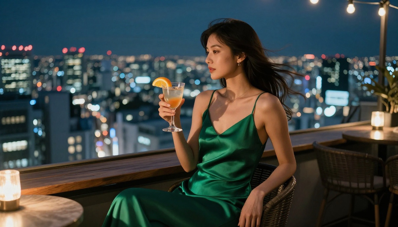 Woman at Tokyo rooftop bar with complex mixed warm and cold night lighting Woman at Tokyo rooftop bar with complex mixed warm and cold night lighting