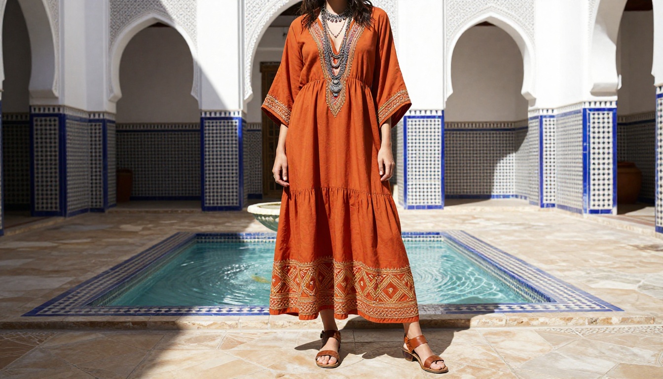 Editorial fashion portrait in Moroccan riad courtyard with intricate tile detail and natural overhead light Editorial fashion portrait in Moroccan riad courtyard with intricate tile detail and natural overhead light