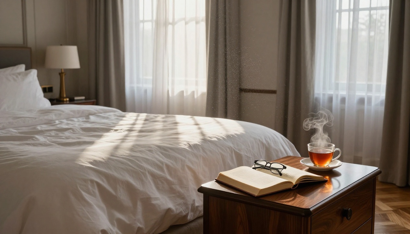 Luxury hotel suite bedroom at dawn with natural window light, linen texture, and wood grain detail Luxury hotel suite bedroom at dawn with natural window light, linen texture, and wood grain detail