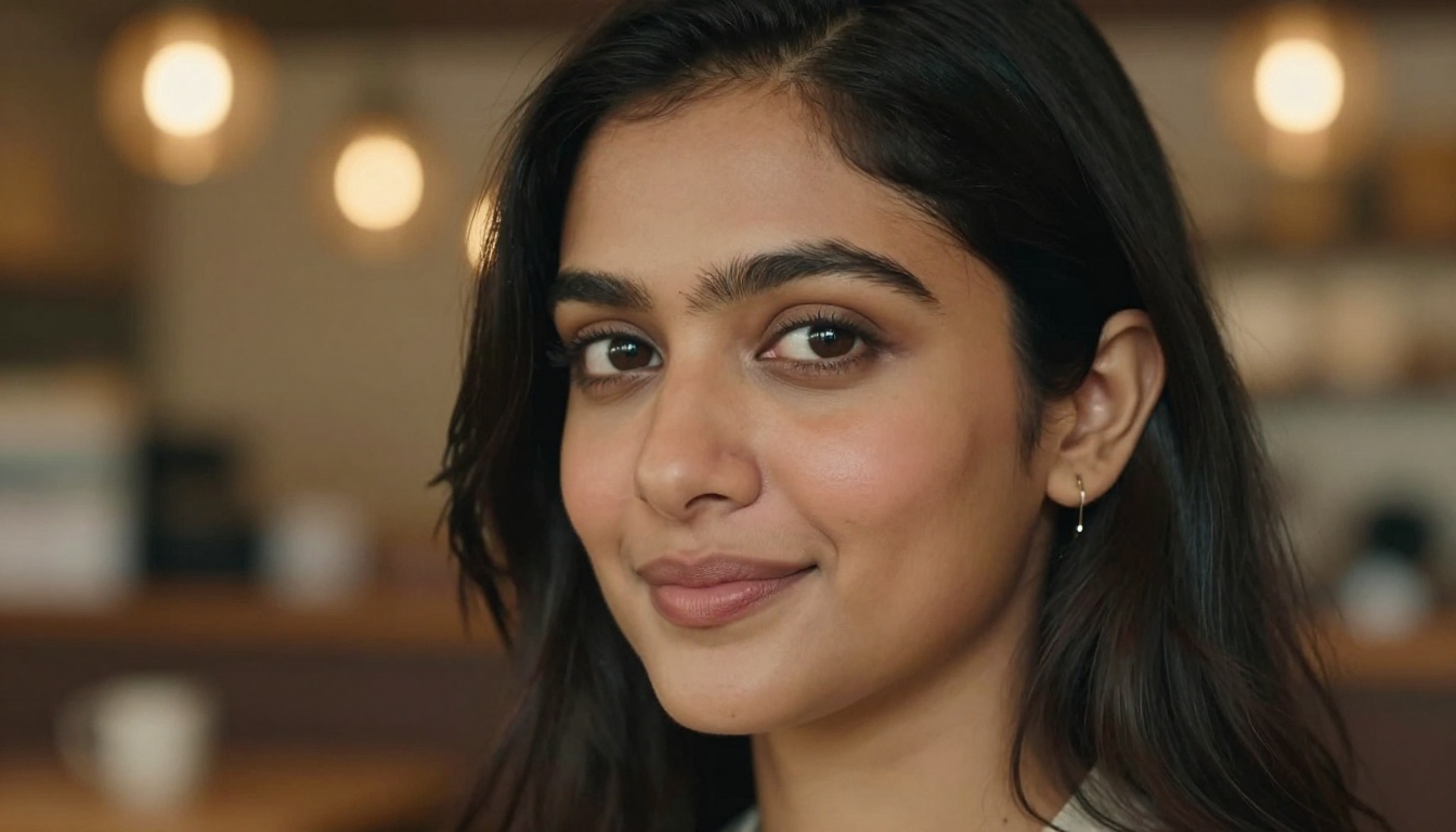 Three-quarter portrait of a South Asian woman with warm olive skin tones, dark almond eyes, and a cafe bokeh background