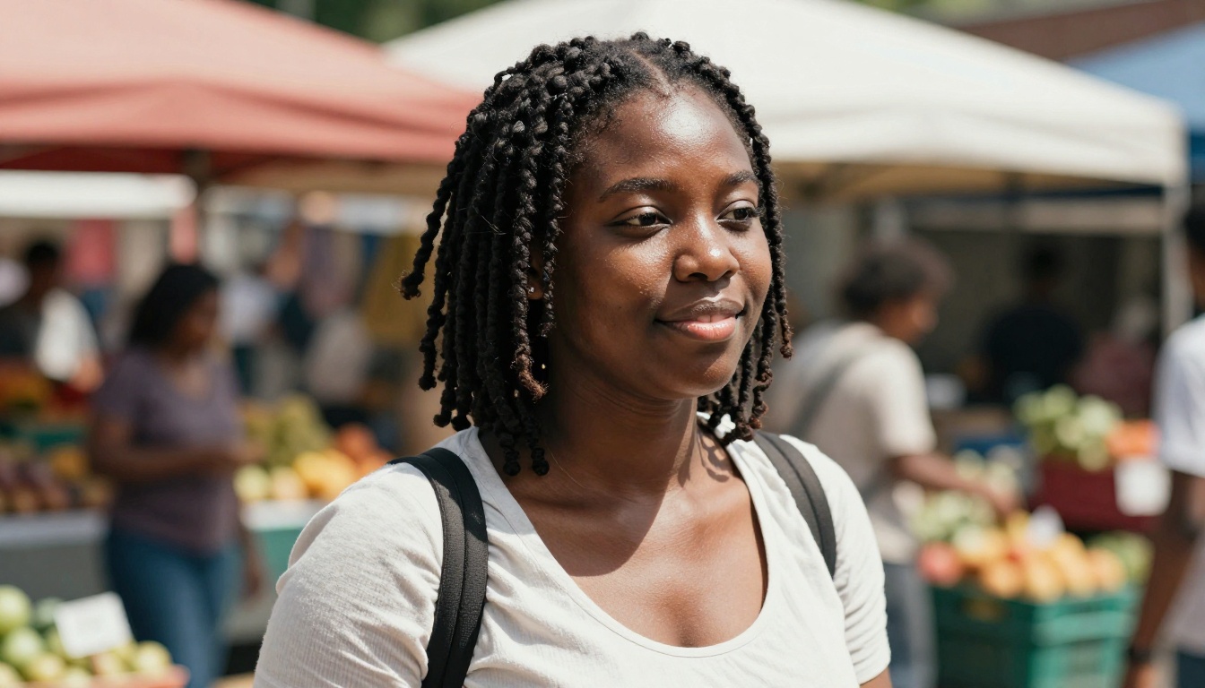 Candid street photography of a young Black woman at a farmers market with natural dreadlocks and a warm authentic expression