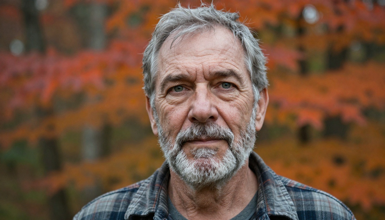 Character portrait of an older man in his 60s with deep facial lines, silver stubble beard, and soft autumn forest bokeh background