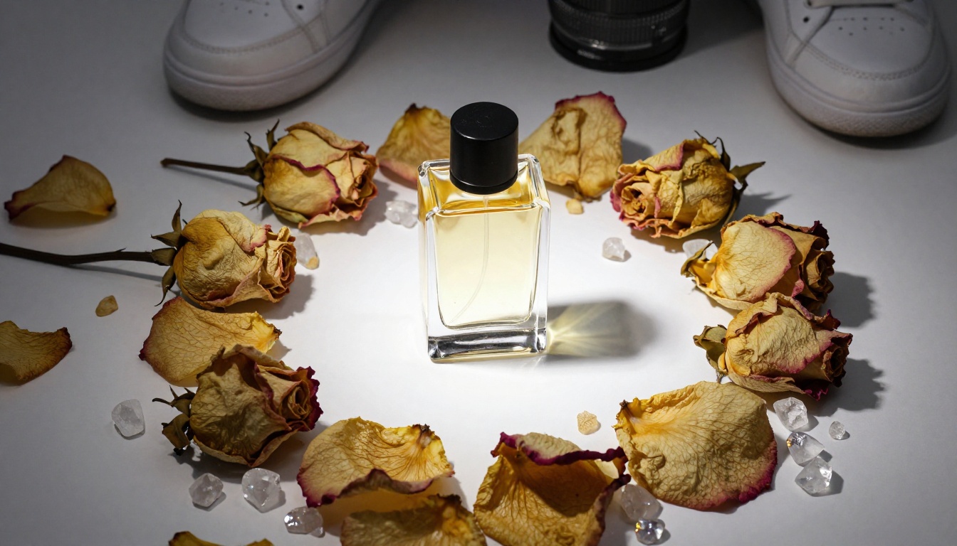 Aerial view of a luxury perfume bottle product photography setup with flowers