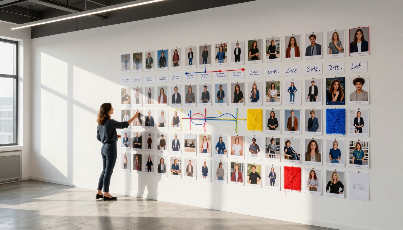 Brand strategy wall covered in AI-generated campaign visuals connected with colored yarn