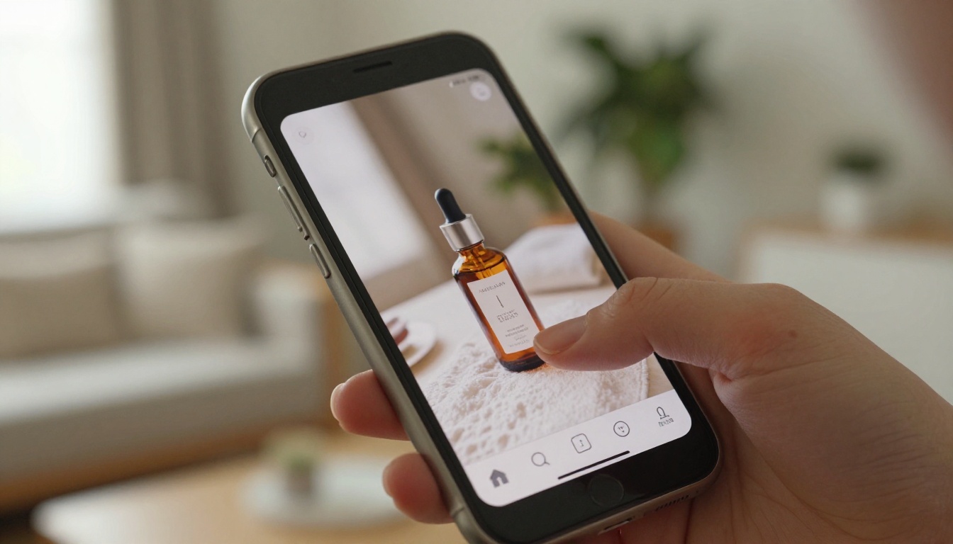 Smartphone displaying a finished AI-generated skincare product advertisement