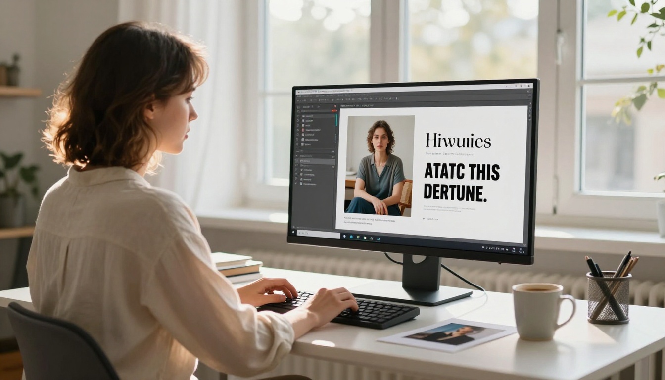 Designer working at AI image interface with text-rich generated output visible on monitor Designer working at AI image interface with text-rich generated output visible on monitor