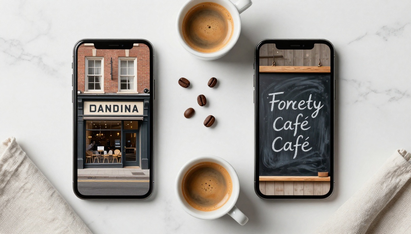 Two smartphones side by side showing AI-generated images with embedded text on marble surface Two smartphones side by side showing AI-generated images with embedded text on marble surface