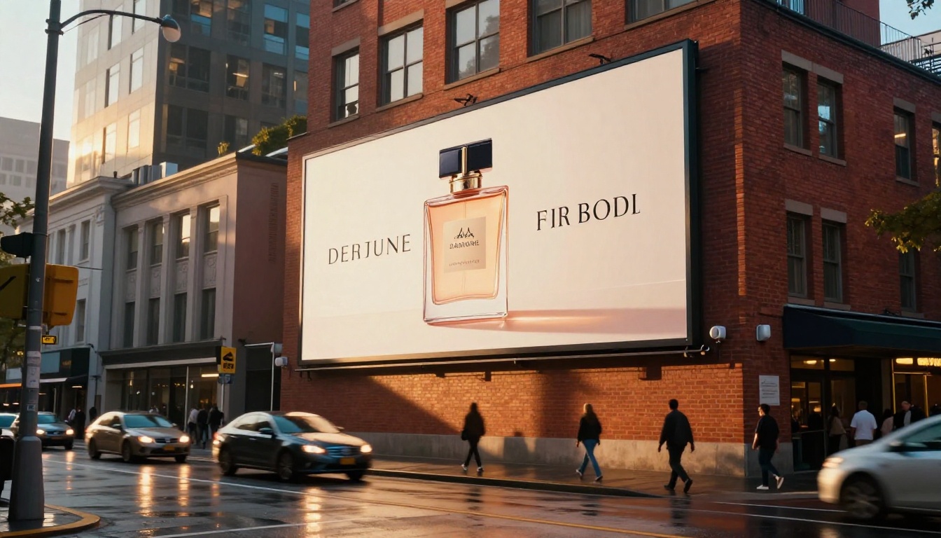 Billboard on urban brick building at golden hour displaying AI-generated ad with sharp readable text Billboard on urban brick building at golden hour displaying AI-generated ad with sharp readable text