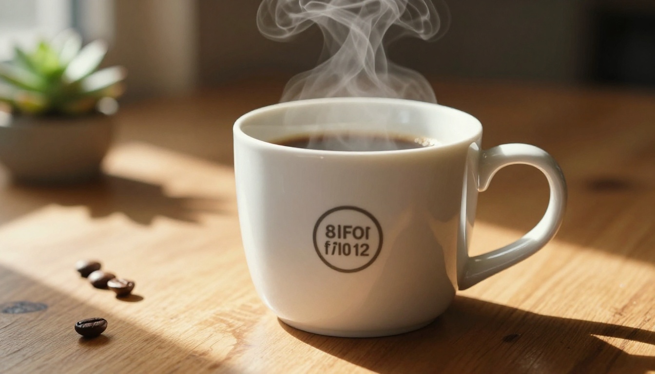 White ceramic coffee mug with sharp legible logo text in warm café morning light White ceramic coffee mug with sharp legible logo text in warm café morning light
