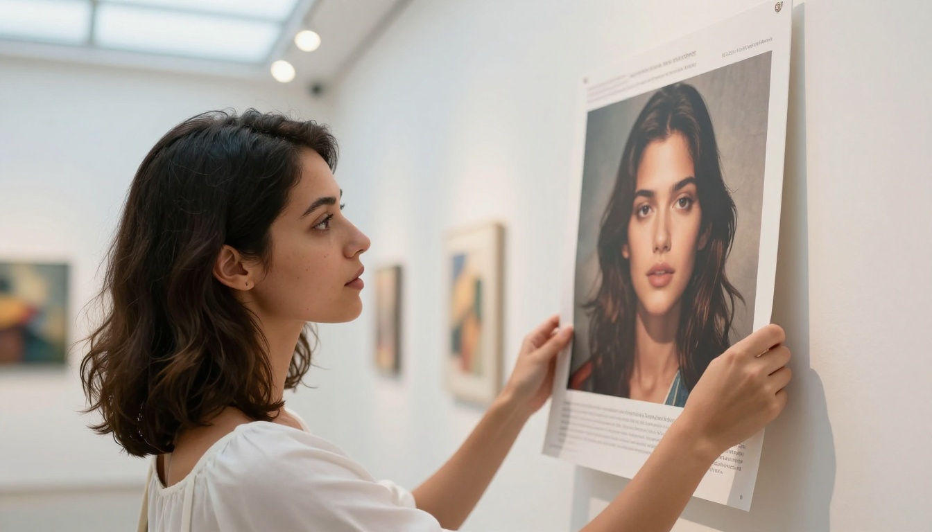 Woman in modern gallery holding printed AI-generated poster with sharp typeset text