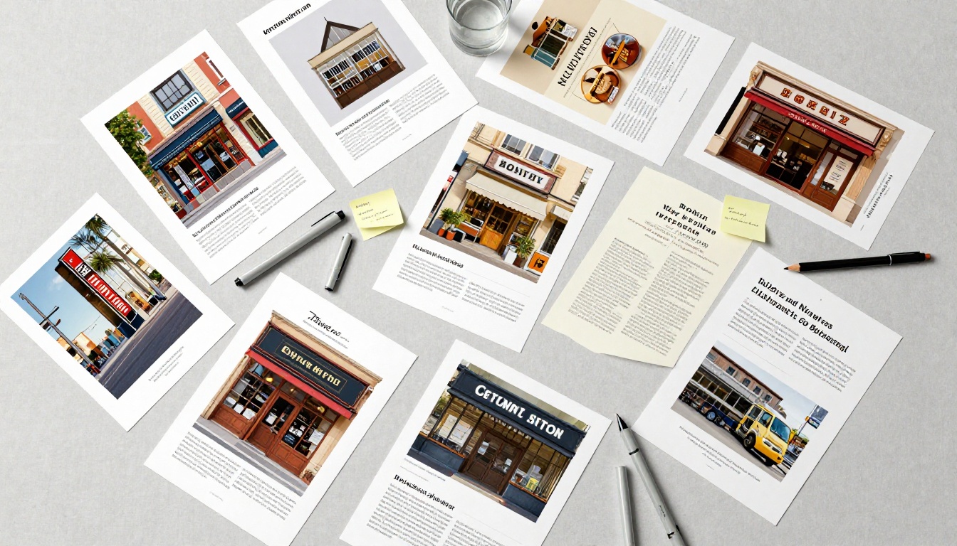 Creative workspace flat lay with multiple printed AI-generated images containing text on linen surface