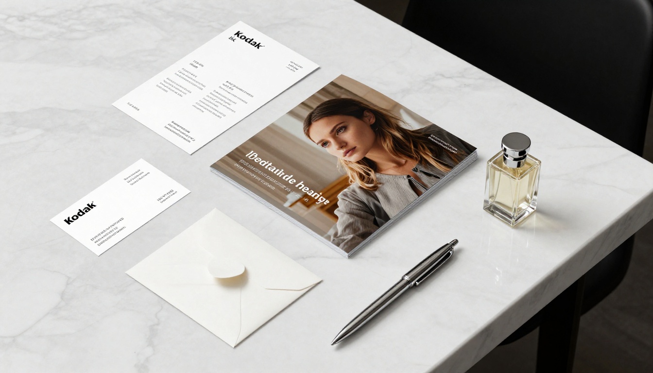 Brand identity materials with crisp serif typography arranged on white marble desk flat lay