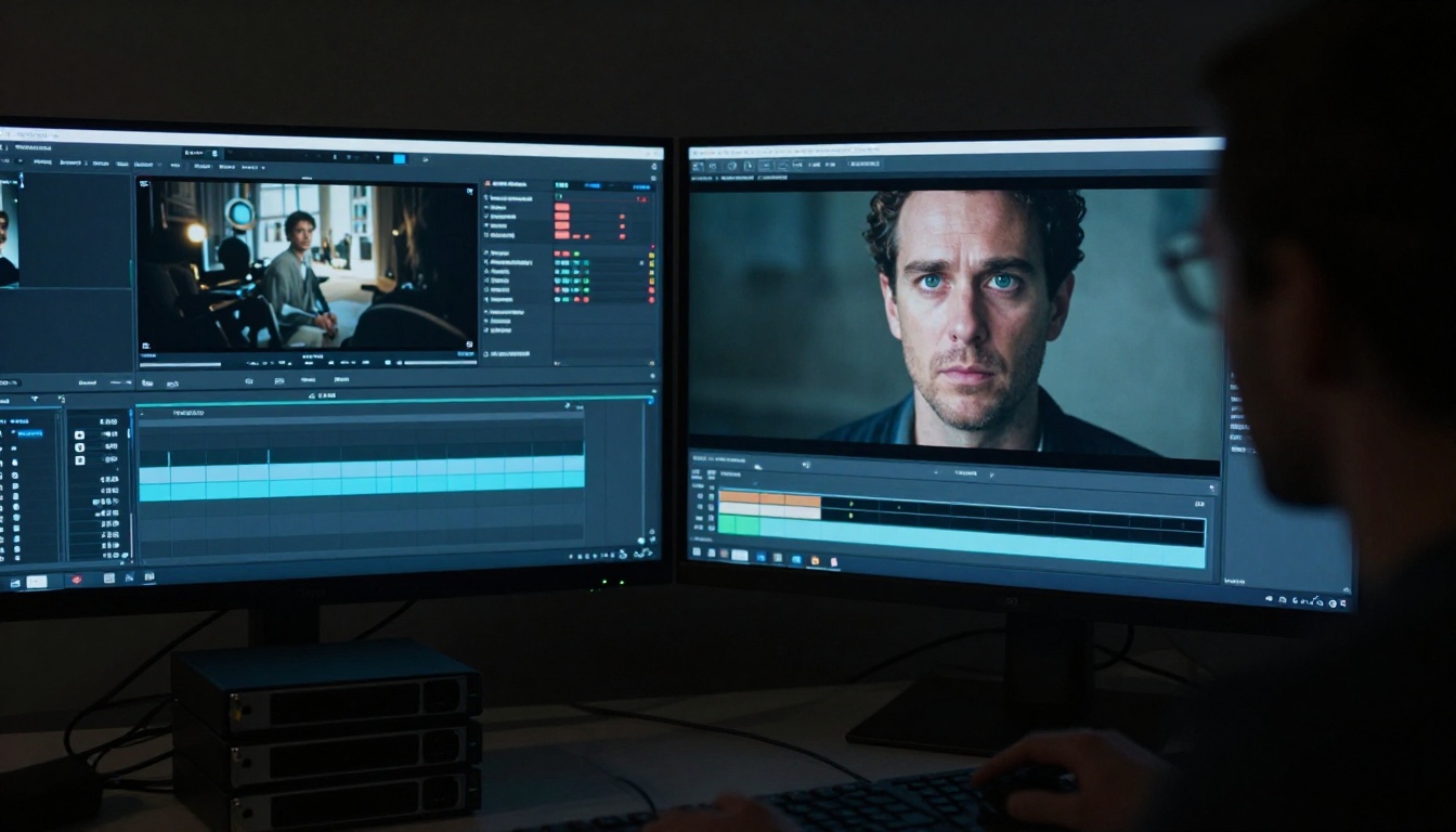 Professional editor reviewing video content on monitor
