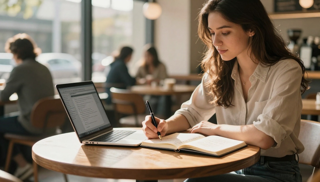 Writer crafting AI video prompts in a coffee shop