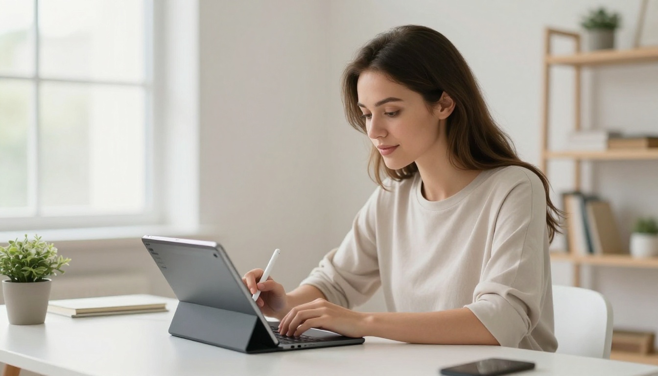 Woman using PicassoIA interface on tablet