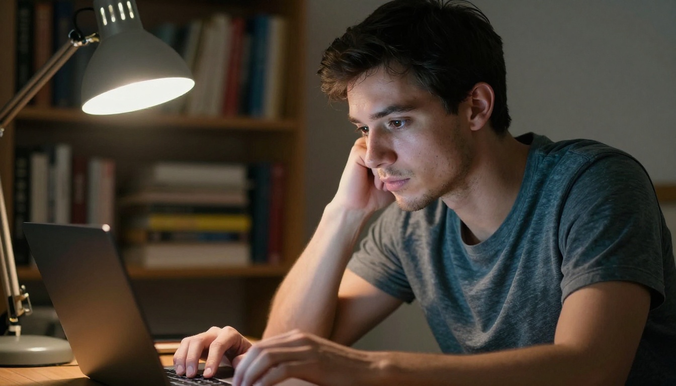 Focused man analyzing video output on laptop screen Focused man analyzing video output on laptop screen