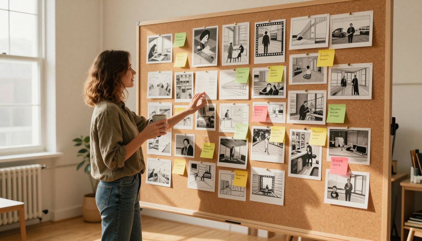 Creative professional organizing video prompts on storyboard wall Creative professional organizing video prompts on storyboard wall