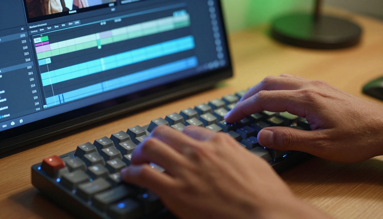 Content creator typing on keyboard with video timeline on screen