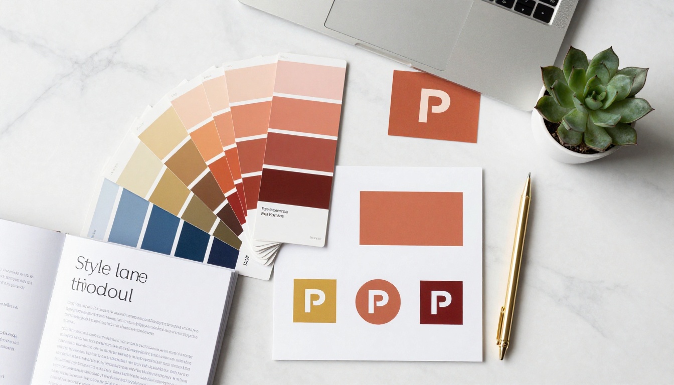 Brand identity flat lay with Pantone swatches and style guide on marble surface
